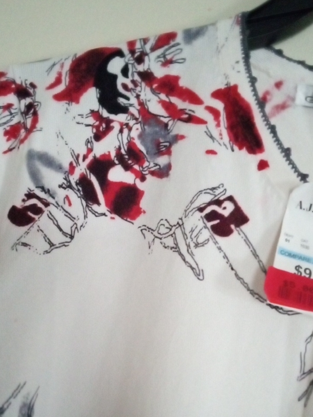 Jessica Ash White V-Neck with Red, Black and Grey Tattoo Floral Art - Picture 5 of 12